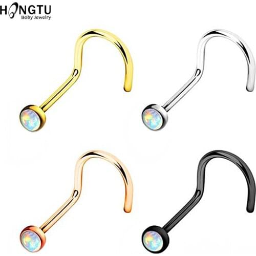 HONGTU 1Pc Opal Nose Screw Rings 20g Steel Nose Piercing Body Jewelry Indian Nose Stud for Women Girls Round Nostril Piercings