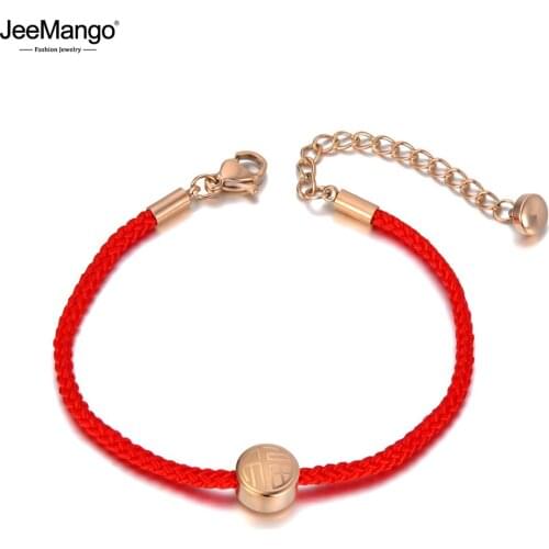 JeeMango Vintage Titanium Stainless Steel Chinese Style Blessing Charm Bracelet For Women Red Rope Strand Bracelet JB20012
