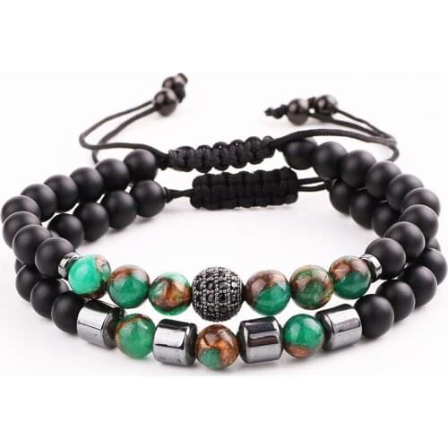 JARAVVI 2pc Set Cute Design Natural Stone Beads CZ Ball Friendship Macrame Bracelet Men Women