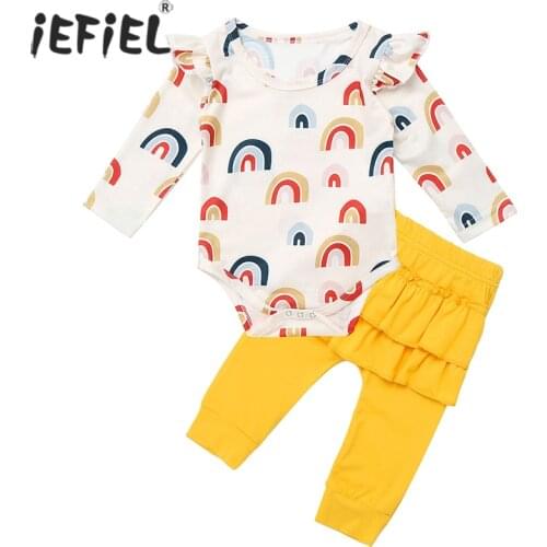 2Pcs Newborn Baby Girls Clothes Spring Ruffles Rainbow Romper Bodysuit Long Pants trousers Kids Baby Boy Clothing Outfit Set