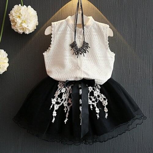 Girls Clothes Sets Summer Lace Children Sleeveless Shirt Tops + Solid Skirt 2PCS Kids Suit Fashion 3-8T Children Clothes