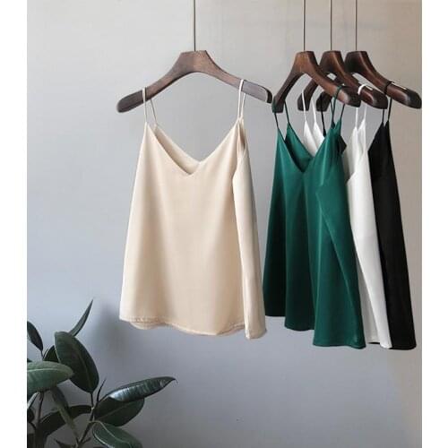 Tank Women Silk Loose Solid Color Sling Satin Basic Top Summer Sleeveless Elegant Casual Ladies V-Neck Sexy Fashion Camisole