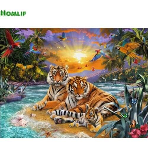 Acupuncture DIY 5D Diamonds Full Square&round Beach Tiger Family Cross-stitch Diamond Embroidery Acupuncture Mosaic Gift