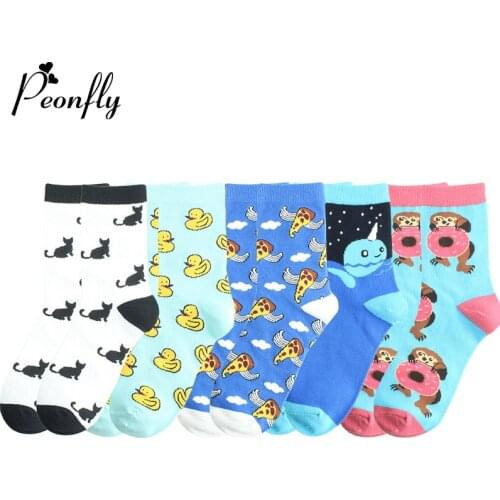 PEONFLY Combed Cotton Womens Socks Harajuku Colorful Cartoon Cute Happy Socks Funny Duck Monkey Cat Printed Casual Socks Ladies