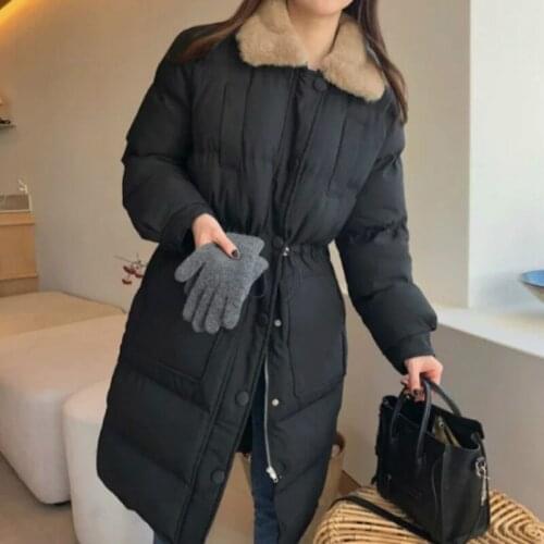 Waist Warm Bread Coat Jacket Drawstring Overcoat Covered Zipper Outerwear Women Winter Beige Long Parkas Fuzzy Collar Elastic