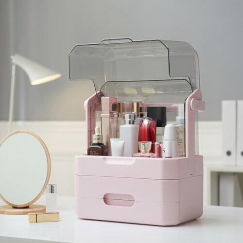 Y1UF Lipstick Beauty Organizer Makeup Dustproof Cosmetics Storage Box Skin Care Products Rack Desktop with Handle