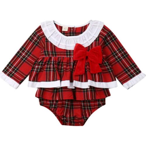 Xmas Newborn Baby Girl Boy Plaid Check Romper Ruffles Lace Baby Rompers Outfits Christmas Clothes