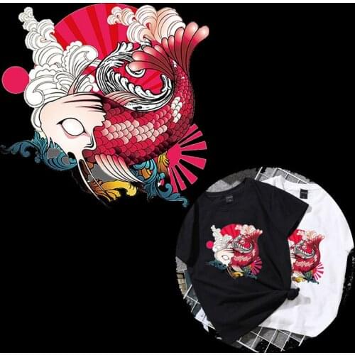 Cute Chinese Style Red Carp Sun Printing Ironing Stickers DIY for Clothes Heat Transfer Patches Clothing Accessories Appliques