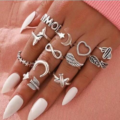 Pack of 12 Personality Creative Knuckle Rings With Carved Aircraft/ Wave / Leaf /Stars /Flower Design Ring Set Women Gift
