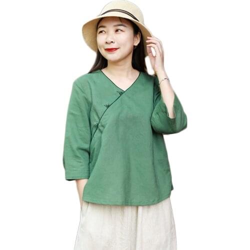 LZJN Women’s Cotton Linen Blouse V-Neck Casual Loose Pullover Shirt 4/3 Sleeve Spring Summer Chinese Knot Button Qipao Tops