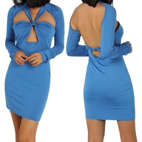 European and American womens summer new sexy slim tight solid color long dress Long Sleeve Hollow Out Deep V-neck