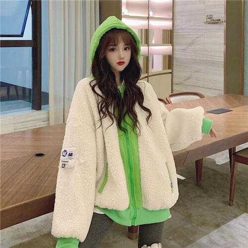 Winter Harajuku Hoodie Jacket Thickened Loose Imitation Lamb Wool Coat Korean Fake Two-piece Cardigan Warm qui quilted coat