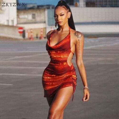 ZKYZWX Sexy Backless Bandage Halter Mini Dress for Women Fashion 2021 Drawstring Ruched Print Night Club Party Bodycon Dresses