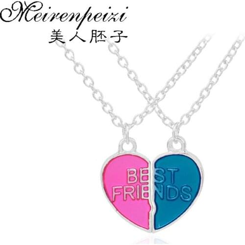 New Trendy 2pcs/set Half Love Heart Blue Red Enamel Pendant Necklaces Best Friends BFF Friendship Necklace For Jewelry Gifts