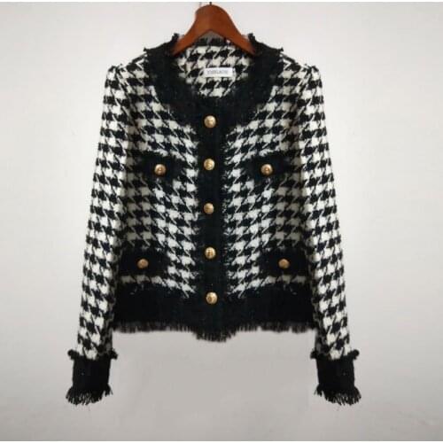 Black/white plaid tweed jacket autumn / winter womens jacket long sleeve Business ladies one piece jacket coat