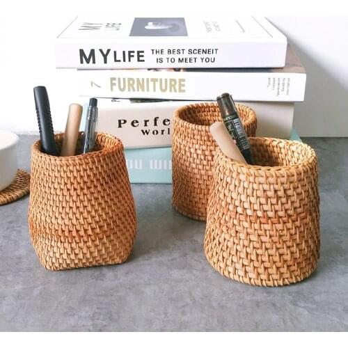 Pencil Holder Rattan Desk Pen Holder Pencil Makeup Storage Box Desktop Organizer Stand Case School Office Stationery Supplies