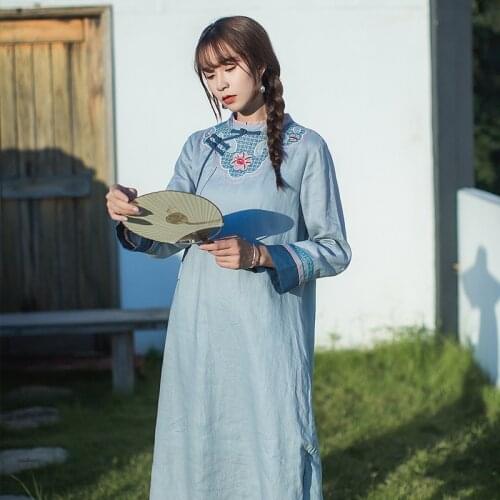 F20l09 ethnic style embroidery coil button linen dress womens loose autumn long sleeve medium length cotton and linen womens