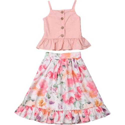 Toddler Kids Baby Girls Clothes Set Sleeveless Summer Pink T-shirt Tops Floral Skirt Girl Clothing Cotton Outfits 2PCS 1-6T