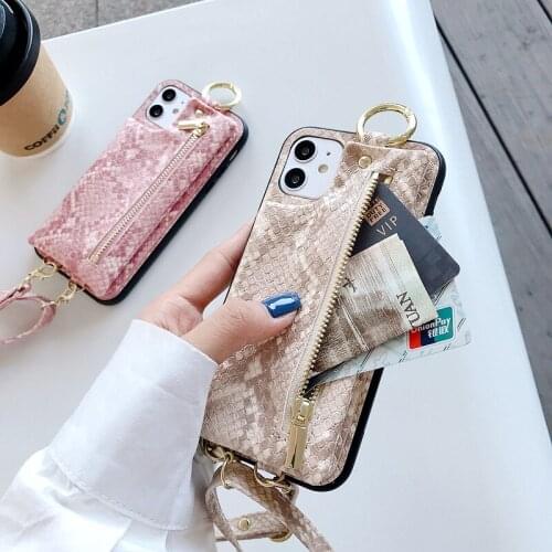 Leather snake skin Wallet zipper phone case For iphone 12 11 mini se2020 7 8 plus xs max xr cover long chain shoulder bag