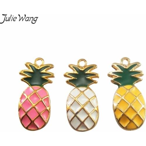 Julie Wang 6PCS Mix Sale Yellow White Pink Mini Pineapple Shape Enamel Gold Color Zinc Alloy Base Cute Charm DIY Jewelry Finding
