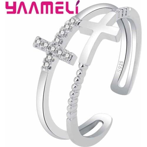925 Sterling Silver Fashion Pave Setting Crystals Double Cross Opening Rings Jewelry Wedding Jewellery For Women
