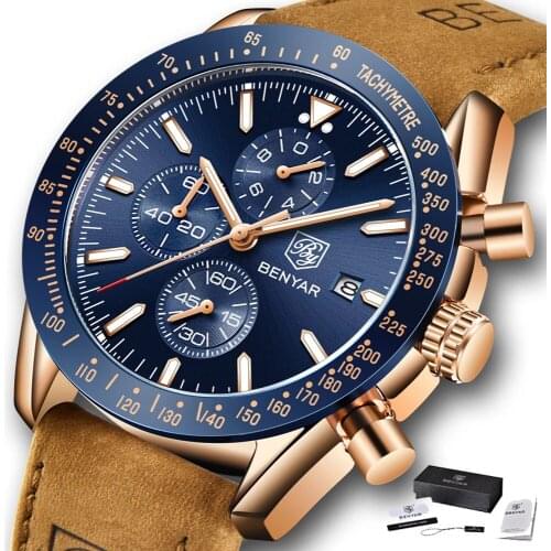 BENYAR 2021 Mens Quartz Watches Top Luxury Brand Watch Mens Business Fashion Leather Wristband Waterproof Calendar Chronograph