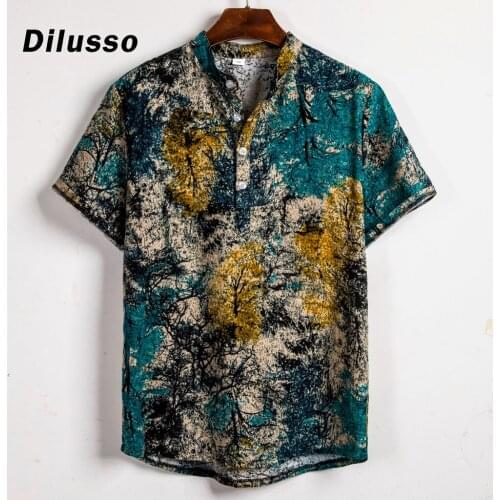 Mens Ethnic Short Sleeve Casual Cotton Linen Printing Hawaiian Shirt Blouse Men Shirts Loose Plus Size Tops Dropshipping 2021
