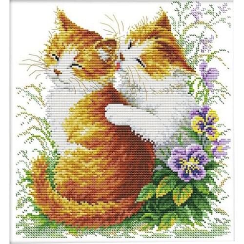 Kissing Cats Stamped Cross Stitch Kit DIY Handmade Needlework for Beginners