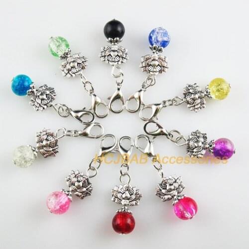 10Pcs Tibetan Silver Tone Lotus Retro Mixed Shivering Glass 12x22mm With Lobster Claw Clasps Charms