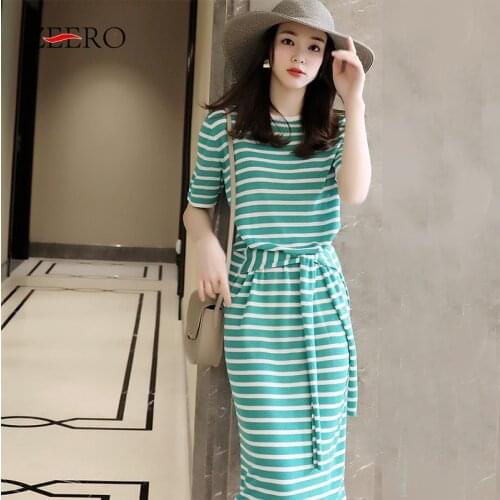 Summer Autumn Women Striped Short Sleeve Knitted Slim Sashes Midi T Shirt Dress Elegant Female Casual Black Sweater Dresses