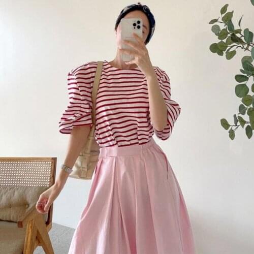 Korea Chic Wild Candy Color Round Neck Loose Striped Five-point Sleeve T-shirt + High Waist Pleated Skirt Long Skirt Female