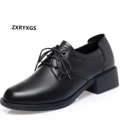 2020 New British Style Lace-up Autumn Shoes Black Genuine Leather Shoes Woman Thick Heels Large Size Comfort Winter Warm Shoes