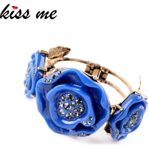 Kissme Elegant Blue Resin Rose Flowers Bangles For Women Delicate Rhinestone Vintage Gold Color Cuff Bracelets Fashion Jewelry