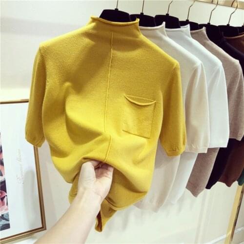 Half Sleeve Women Knitted Tops Fashion Female Sweater half turtleneck Short Sleeve Pullovers Yellow New Arrival Pull Sweaters