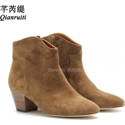 Qianruiti Celebrity Suede Leather Faded Vintage Shoes Medium Chunky Heels Side Zip Ankle Booties Stacked Heel Ladies BootsAutumn