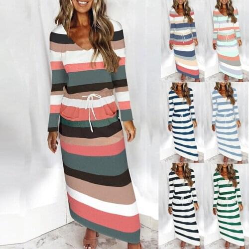 2021 Autumn Womens Wear V-neck Loose Print Stripe Long Sleeve Dress Ankle-Length Pencil Dress