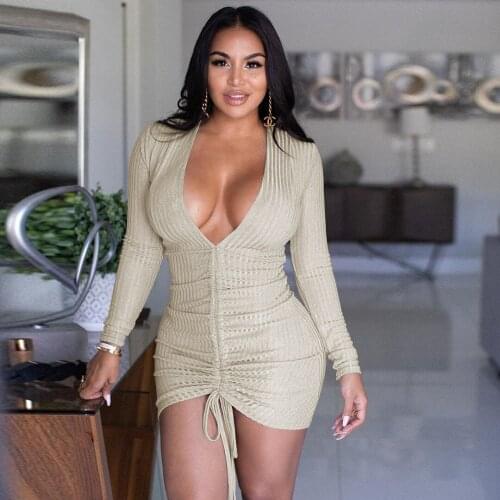 2021 Ins Internet Celebrity Famous Women Dress Solid Color Longsleeve Low Cut