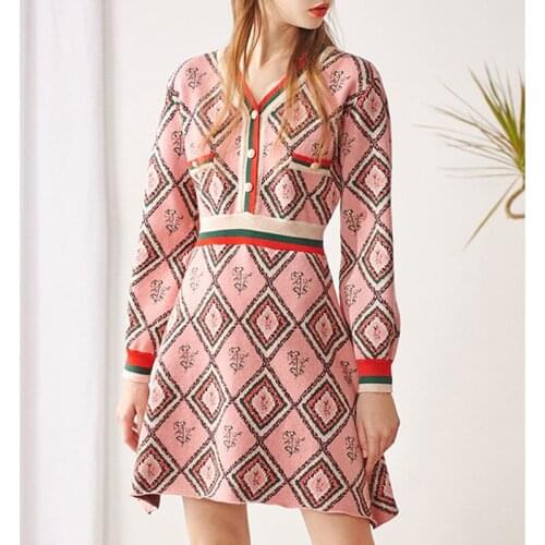 Women Hit Color Rhombus Jacquard Sweater Dress 2020 V Neck Long Sleeve Plaid A Line Knit Jumper Dress Warm Winter Dress Women