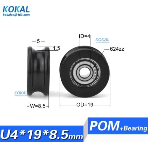 [U0419-8.5]Free shipping 10PCS 624ZZ BALL BEARING PA66 NYLON coated wheel roller pulley U Type Groove 4mm*19mm*8.5mm bearing