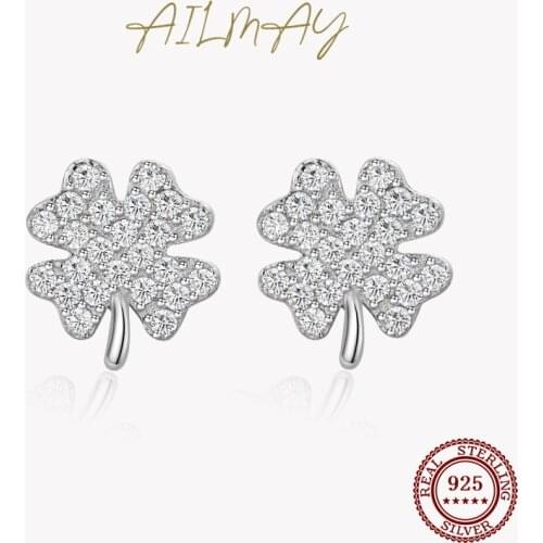Ailmay New Arrival Lucky Four-Leaf Clovers Stud Earrings Clear Zircon Anti-allergy Earring Gift For Women Fine Jewelry