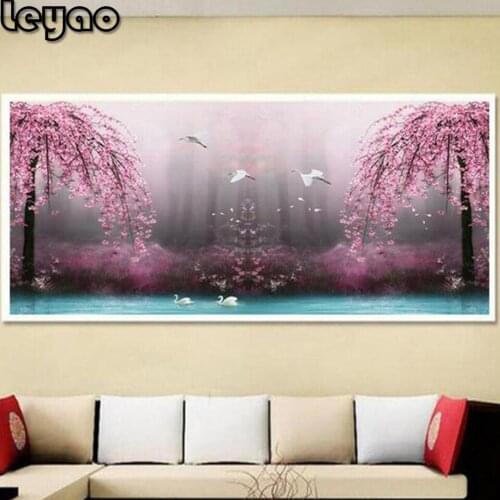 Large Full square round drill 5D DIY diamond painting sakura Tree lake scenery embroidery bead Home decor mosaic gift