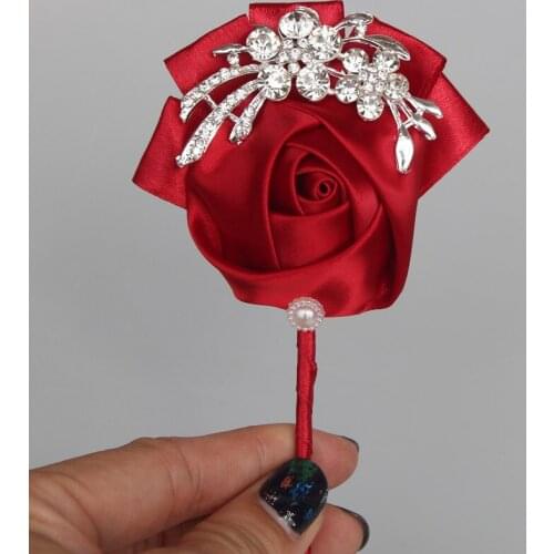 Burgundy Satin Rose Wedding Corsage for Groom Boutonniere DIY Crystal Brooch Bridal Wedding Decoration best for man XH001-4