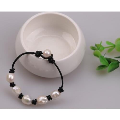 Baroque Pearl Bracelet Women White Pearls Bracelet,Handmade Black Leather Jewelry Cultured Freshwater Pearls Beaded Bracelet