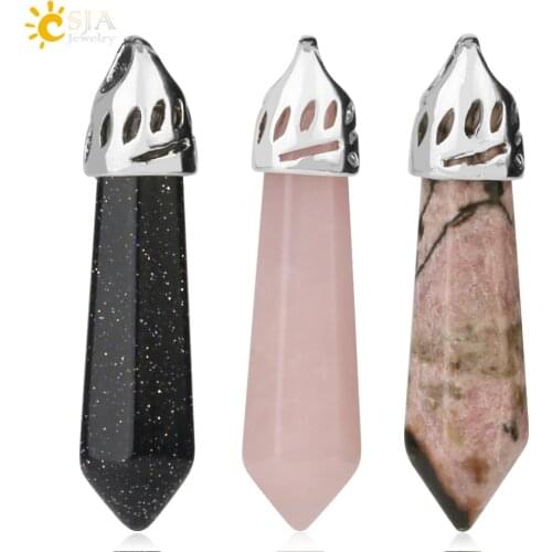 CSJA Natural Stone Hexagonal Prism Pendant Small Size Crystal Quartz Agates Healing Pointed Pendants for Necklace Women Men G289