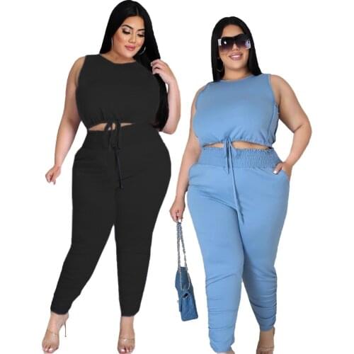 Cutubly Plus Size XL-5XL Women Sets Outfits Fashion Solid Commuter Two Piece Set Sleeveless Drawstring Pleated Pencil Pant Set