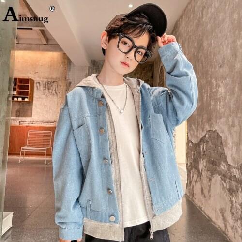 Children Hooded Top Demin Jacket Unisex Boy Fashion Double Layer Outerwear Kids Clothing 2021 Autumn Patchwork Jean Demin Coats