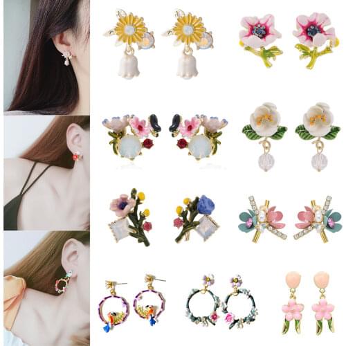 Enamle Glaze Sweet Elegant Flowers Earrings Women Jewelry Accessories Mori Butterfly Gem Plant Drop Ears