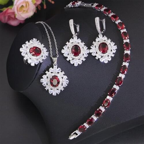 Funmode Red Cubic Zircon Flower Shape Link Chain Small Jewelry Sets For Women Bridal Set collares para mujer Wholesale FS125