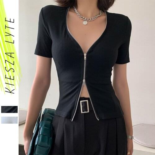 Sexy Women T shirt 2020 Zipper Slim Knitted Solid Black White Short Sleeve Skinny Basic Cropped Tops Streetwear Femme Outfit