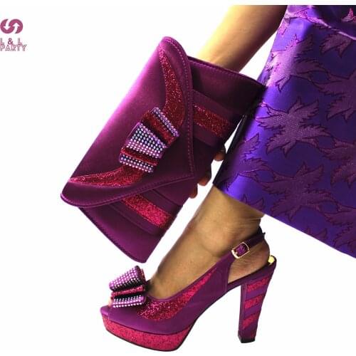 Classics Style Magenta Color New Design African Women Shoes and Bag to Match Pretty Ladies Sandals with Appliques for Wedding